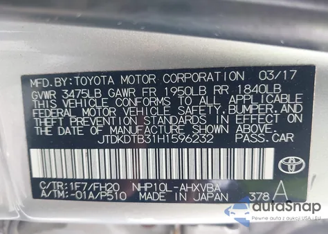 2017 Toyota Prius C One из США, поврежденный, VIN JTDKDTB31H1596232